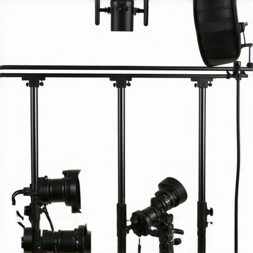 Studio setup showcasing the Titanium Rail Fix mounted on camera rig alongside studio lights and microphone.