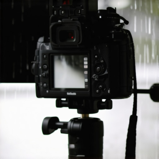 Outdoor rugged camera setup with stabilizer and weatherproof lighting in rain