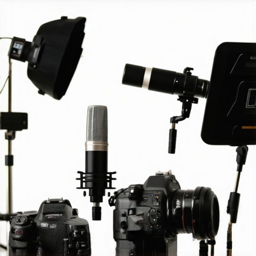 A modern professional studio with lighting kits, cameras, and microphones ready for production.