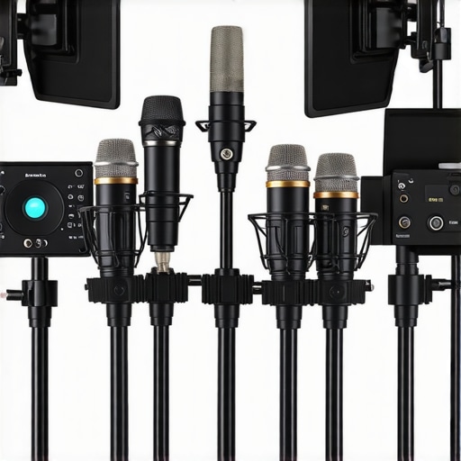 Studio setup featuring magnetic mounting equipment, lighting, and microphones.