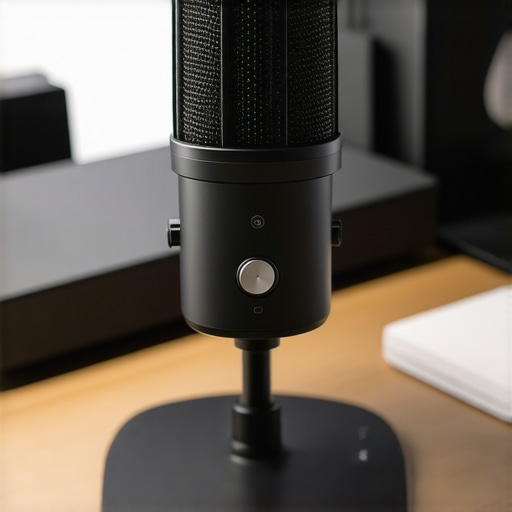 Modern USB microphone with metallic finish and user controls on a studio desk.