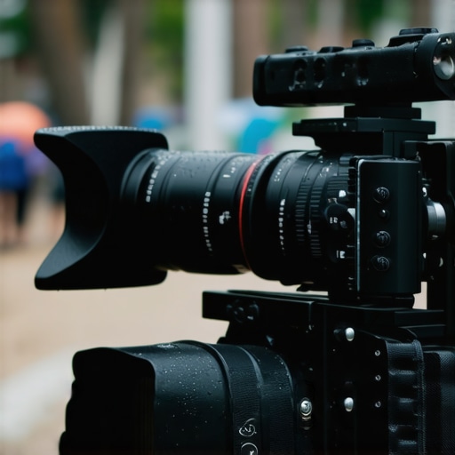 Camera rig with waterproof housing operating during rain, demonstrating durability in harsh conditions.