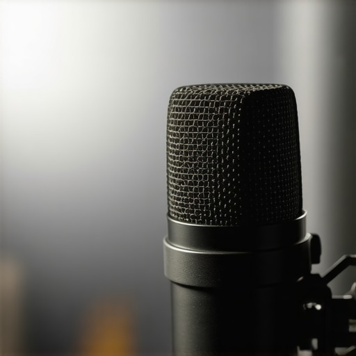 Close-up of a high-end studio microphone showing textured grip and metal grille.