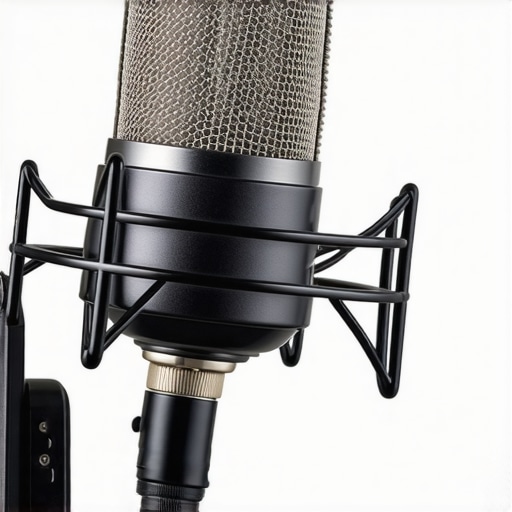 Close-up of a durable, metal-bodied studio microphone with shock mount
