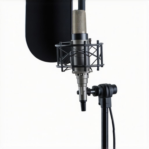 Microphone and studio lighting in a professional recording studio.
