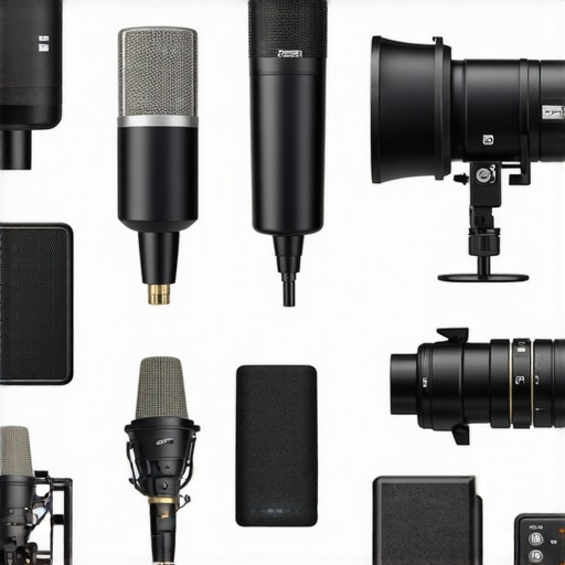 Comparison of professional and budget studio equipment including microphones, lights, and cameras.