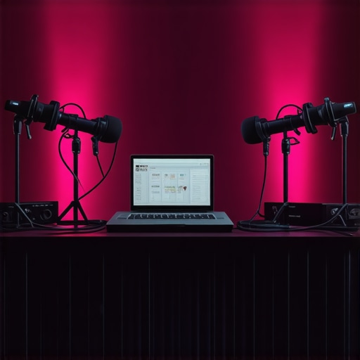 Studio setup featuring rigs, lighting, and microphones during a recording session