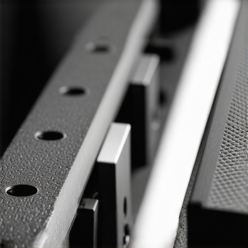 Close-up of titanium camera rail highlighting locking screws and textured surface.