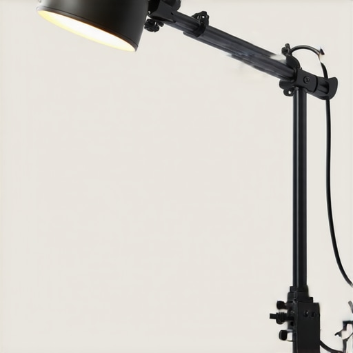 Close-up of a desk lamp with adjustable arm and LED bulb