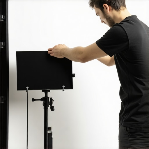 Assembling Budget Lighting Kit Person setting up a portable studio light with diffusion sheet in a home studio