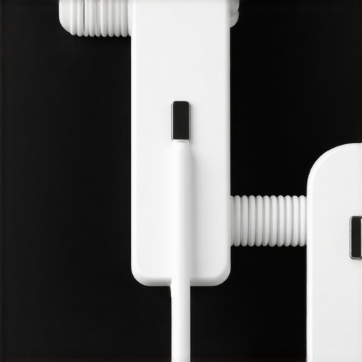 Close-up of a plastic wall-mounted cable organizer with flexible clips in a creative studio setup.