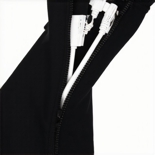 Cable Sleeve in Use Close-up of a black fabric cable sleeve containing cables with zipper open, studio setting