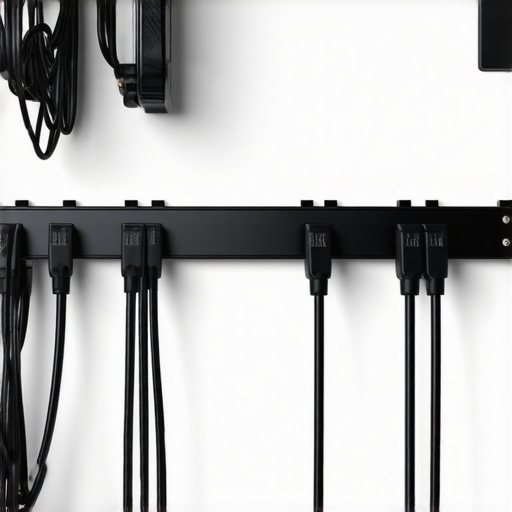 Cable Wall Mount in Action Close-up of a cable management wall hook holding cables in a studio setting.