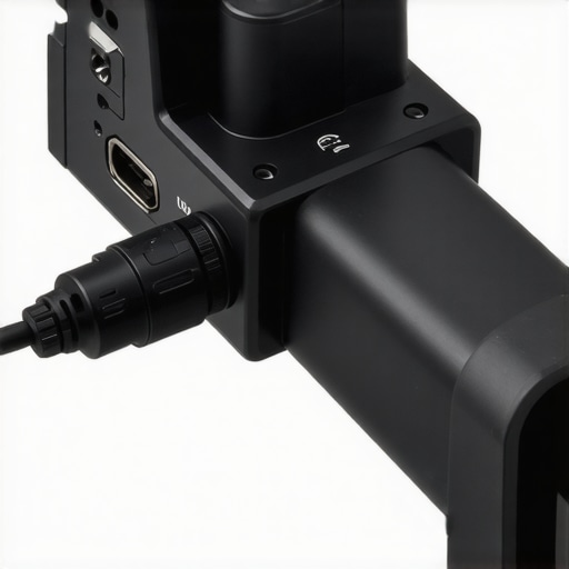 Plastic battery adapter connected to DSLR camera with visible ports and cables.