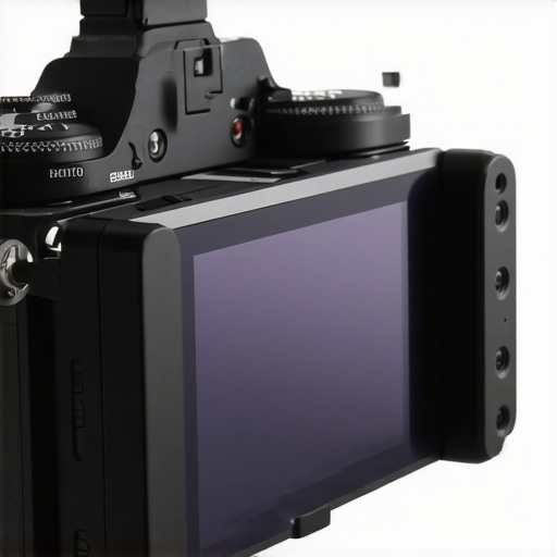 Close-up of a black aluminum camera battery plate attached to a mirrorless camera.