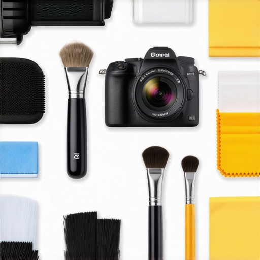 Close-up of camera sensor cleaning tools including brushes, blower, and microfiber cloths.