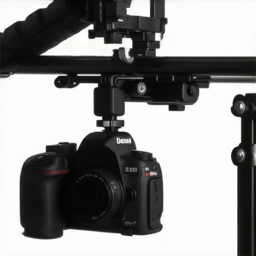Close-up of DSLR mounted on lightweight plastic shoulder rig with adjustable supports.