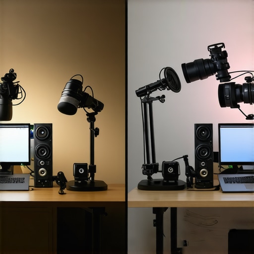 Comparison of Studio Gear and Accessories Workspace with microphone, lighting kits, and cameras in comparison