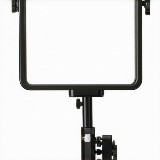Close-up of a mirror reflector on a stand in a studio environment.