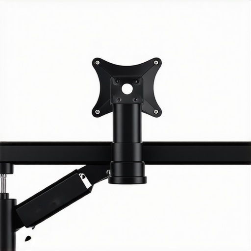 Close-up of monitor mount with damping pads and adjustment knobs