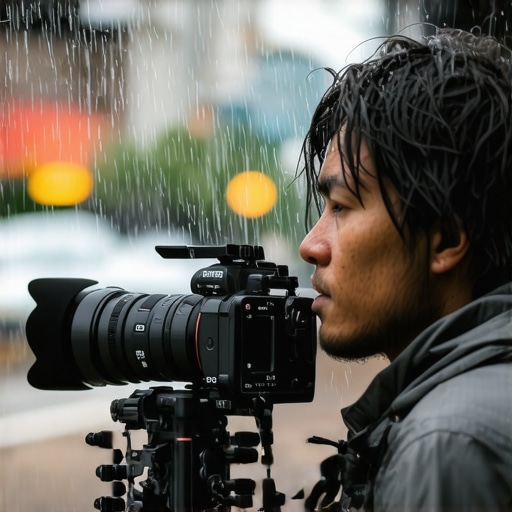 Videographer setting up a camera in rainy outdoor environment