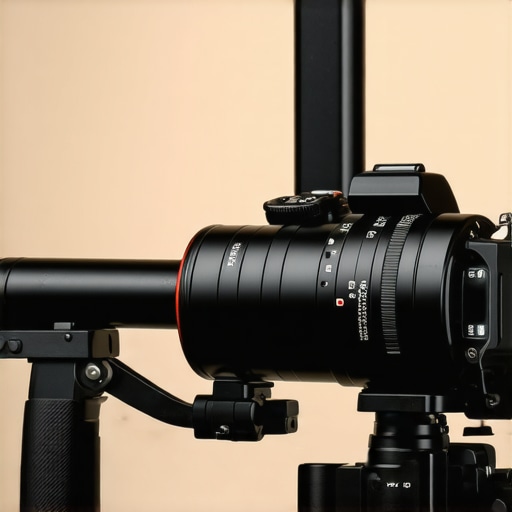 Detailed view of a professional camera gimbal highlighting adjustable counterweights and comfortable handle grips.