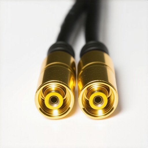 Detail shot of a robust metal ground loop isolator with gold connectors.