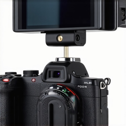 Close-up of a durable camera mount clamp securing a DSLR to a monitor with textured rubber padding