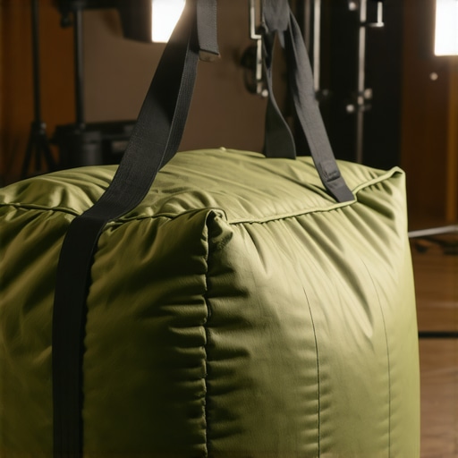 Close-up of a heavy-duty studio sandbag with reinforced handles and durable fabric on studio floor.