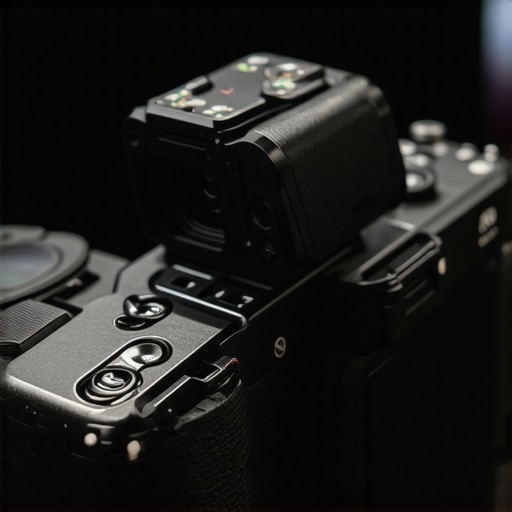 Close-up of mirrorless camera with magnetic port cage