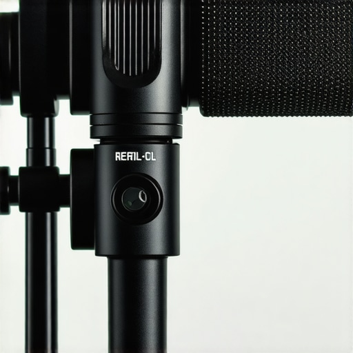 A plastic microphone counterweight clipped onto a studio microphone boom arm, showing the clamp mechanism.
