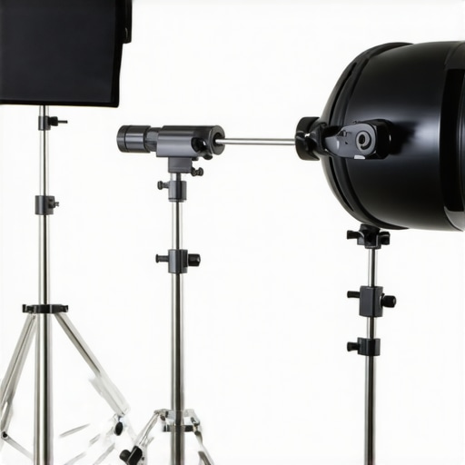 Aluminum support stand with quick-release clamps in a studio setting.