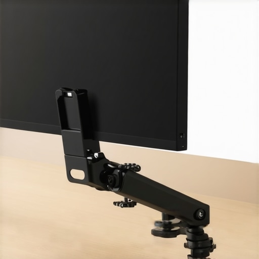 Close-up of a monitor arm securely mounted on a thin desk, highlighting adjustment mechanisms