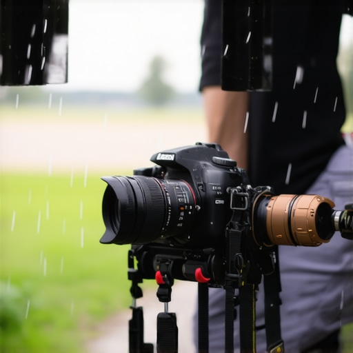 Photographer testing camera resilience in rainy conditions with protective gear