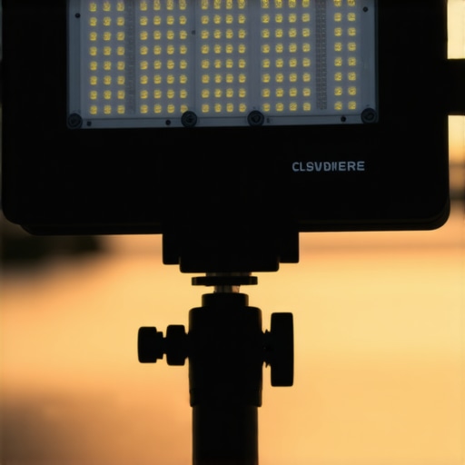 Close-up of travel-friendly LED panel mounted on a tripod during sunset