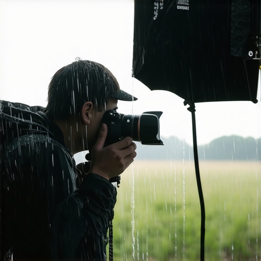 Photographer using lighting and camera equipment in rainy weather, demonstrating outdoor stress test