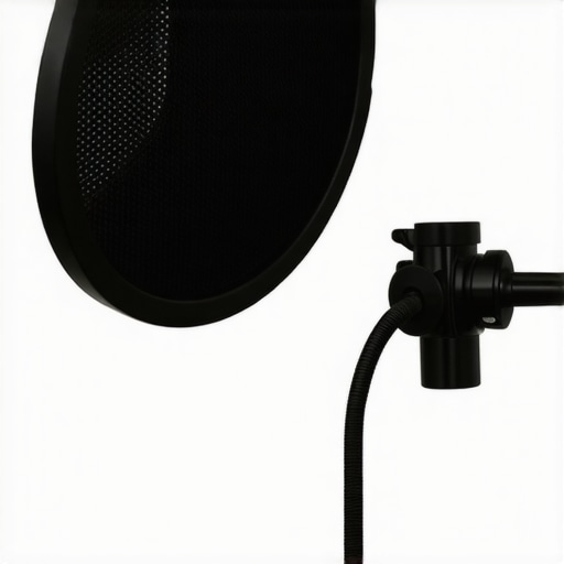 Close-up of a nylon pop filter attached to a microphone stand