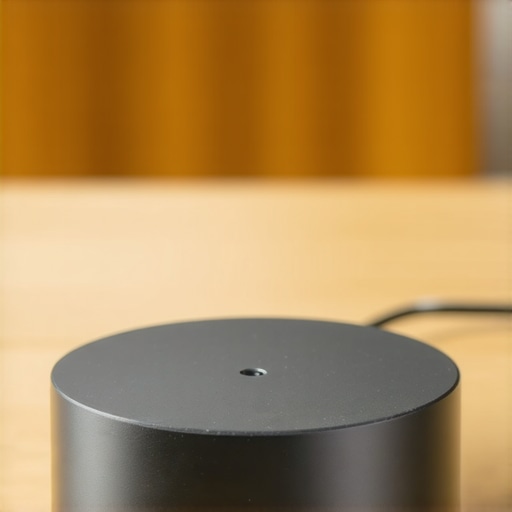 Close-up image showing the textured brushed metal surface of a weighted microphone base on a desk.