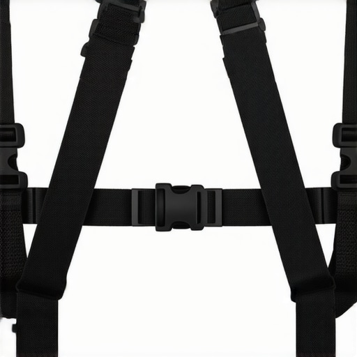 Close-up view of a durable padded camera rig strap showing breathable mesh and robust buckles