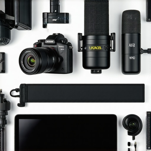A sleek studio workspace featuring professional camera, lighting, and microphone gear