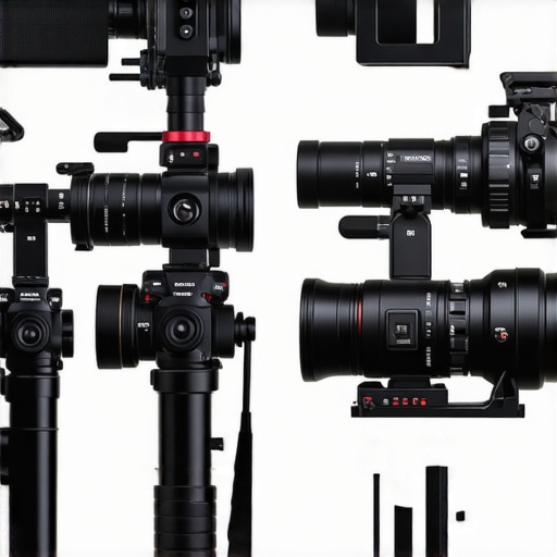 Various camera rigs, lighting, and microphones from top brands displayed side by side.
