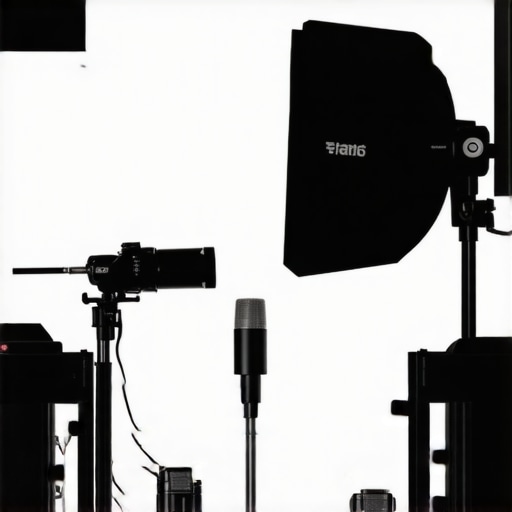 An organized studio with lighting, cameras, and audio equipment ready for recording