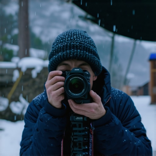 Photographer using lighting and camera equipment outdoors in rain
