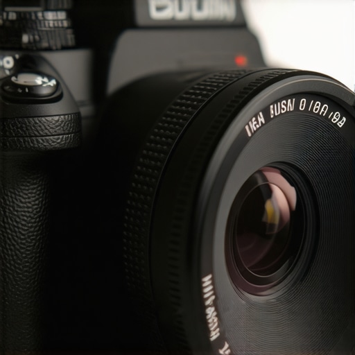 Close-up of a camera lens highlighting its textured focusing ring and metal mount.