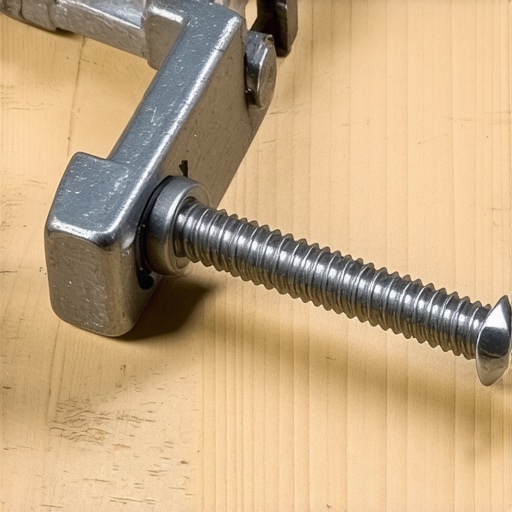 Close-up of steel desk clamp gripping a desk with textured handle and reinforced jaw