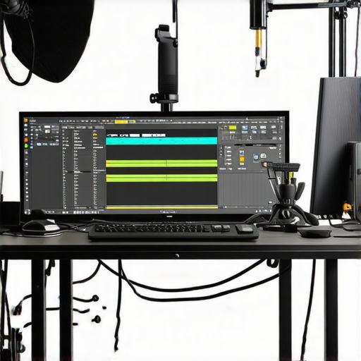 A well-organized creators studio with LED lights, adjustable rig, and mounted microphone.