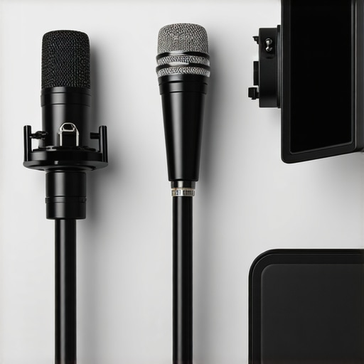Professional studio microphone, camera stabilizer, and LED lights in a studio environment