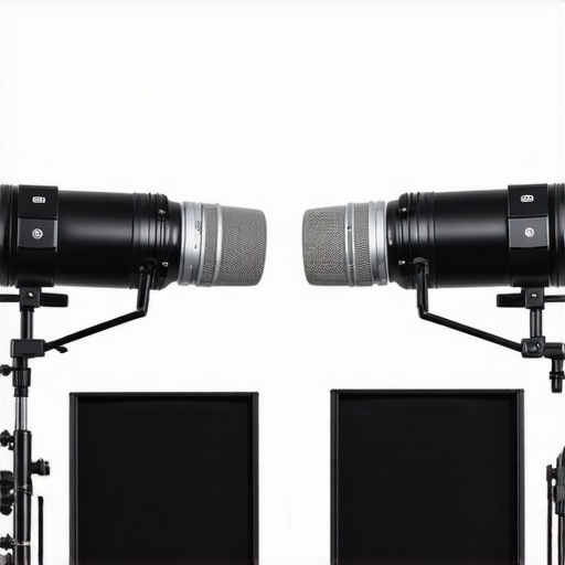 Comparison of high-end lighting, microphones, and cameras in a professional studio setting