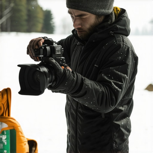 Outdoor filmmaker managing camera and lighting equipment in harsh weather.