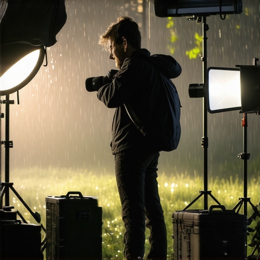 Photographer using waterproof camera and lighting kit outdoors in rain